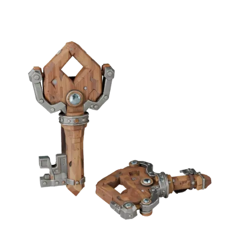 Низкополигональная 3D-модель ключа сокровищ искателя приключений, вид в игровом окне в три четверти, демонстрирующий состарен