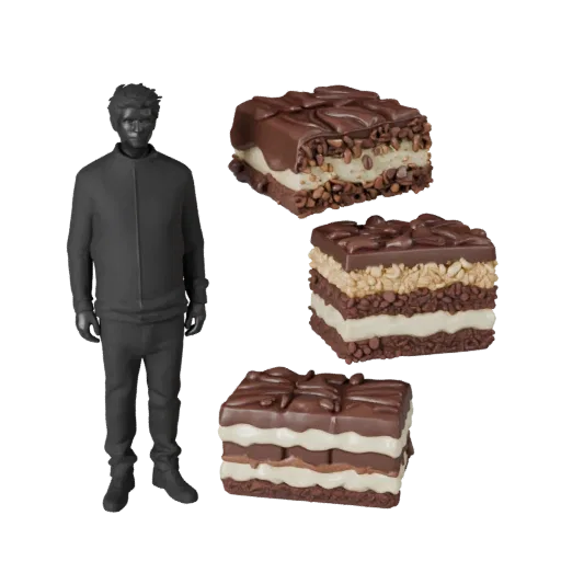 3D-модель Шоколадного батончика, вид три четверти спереди, вьюпорт Unity, показывающий крем, силуэт сладкой еды.