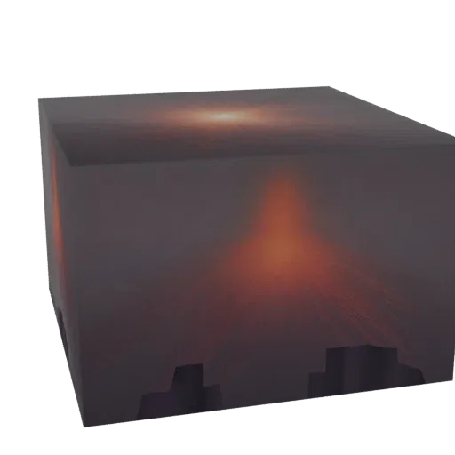 3D модель куба-диорамы с извержением вулкана, показывающая светящуюся лаву и темную скалистую местность.