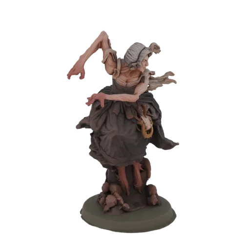 3D модель гротескной фигуры ведьмы в рваных одеждах, с длинными руками и основанием из корней и костей, на белом фоне.
