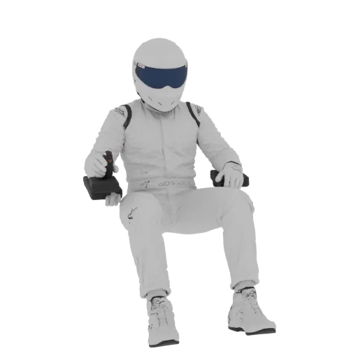3D модель гонщика в белом костюме, сидящего и держащего джойстик, с белым шлемом и темным визором.