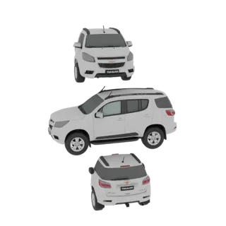 Рендер 3D-модели белого Chevrolet Trailblazer SUV, показанный спереди, сбоку и сзади на белом фоне.