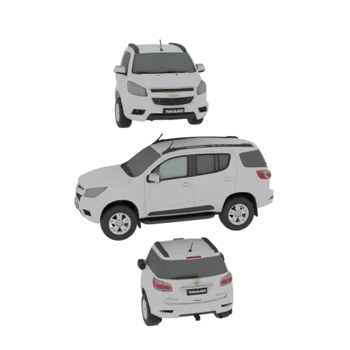 Рендер 3D-модели белого Chevrolet Trailblazer SUV, показанный спереди, сбоку и сзади на белом фоне.