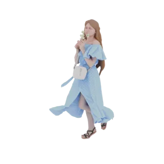 3D модель женщины с длинными каштановыми волосами в синем платье в горошек с цветами.