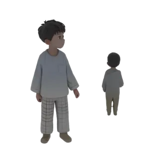 3D-рендер стилизованного 3D-персонажа мальчика, с меньшей версией того же персонажа на заднем плане.