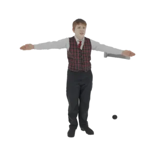 3D модель молодого официанта в униформе, с вытянутыми руками, держащего белый поднос, на белом фоне.
