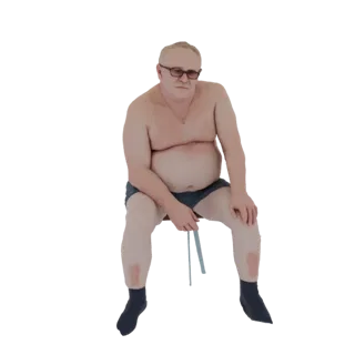 3D модель пожилого мужчины в очках, сидящего, с реалистичной текстурой кожи и темно-синими шортами.