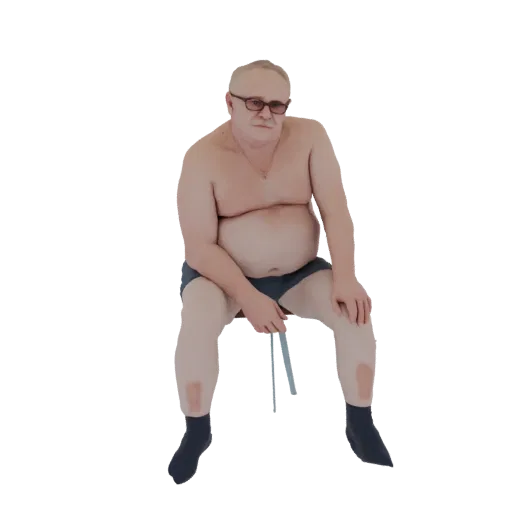 3D модель пожилого мужчины в очках, сидящего, с реалистичной текстурой кожи и темно-синими шортами.