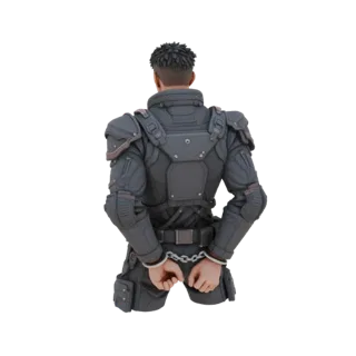 3D модель киберпанк-полицейского в черном тактическом костюме, руки связаны наручниками за спиной, вид сзади