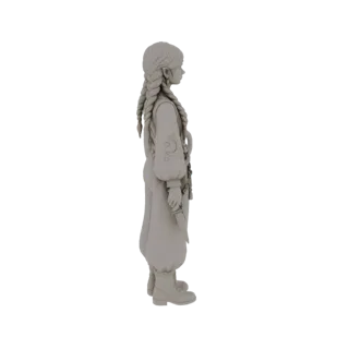 Вид сбоку 3D модели девушки с длинными детализированными косами, в тунике и брюках, держащей небольшой нож.