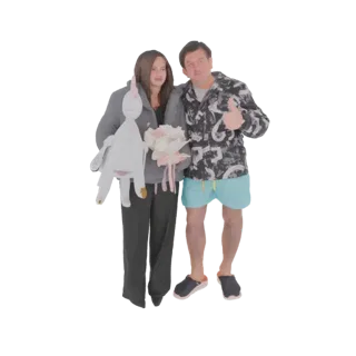 3D модель пары в объятиях, женщина держит плюшевого единорога, мужчина держит цветы и показывает большой палец вверх.