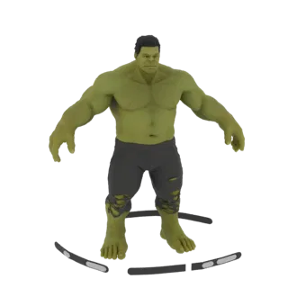 3D модель персонажа Халка с зеленой кожей и рваными серыми штанами, стоящего с раскинутыми руками.