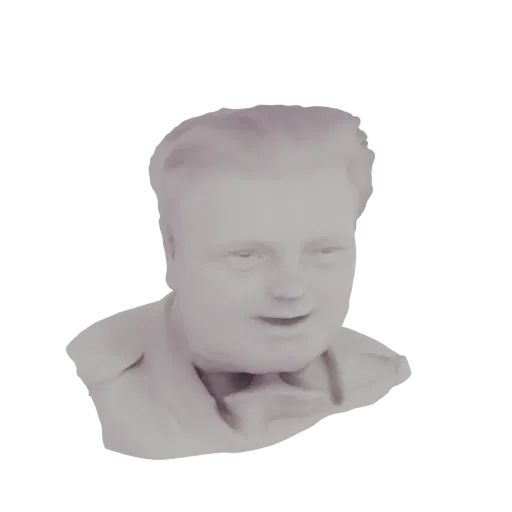 Рендер 3D модели бледно-серого бюста мужчины с дружелюбной улыбкой, видны плечи и воротник.