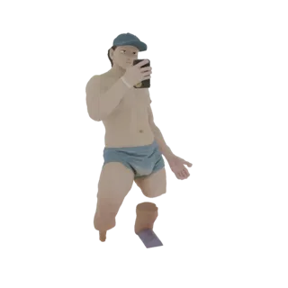 3D модель мужчины в синих плавках и синей кепке, делающего селфи со смартфоном, с отделенными ногами.