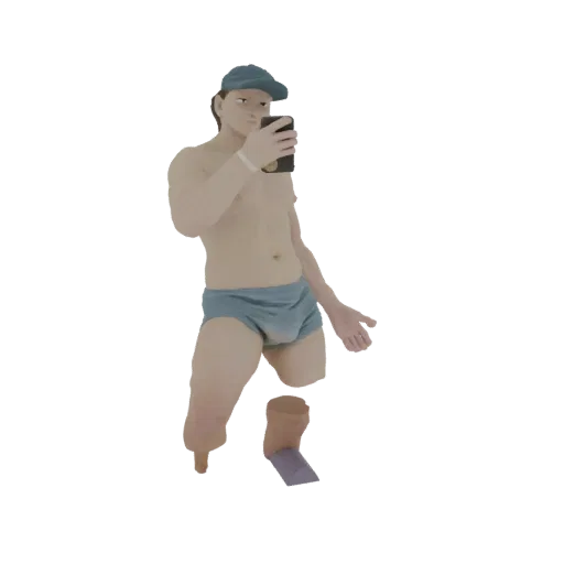 3D модель мужчины в синих плавках и синей кепке, делающего селфи со смартфоном, с отделенными ногами.