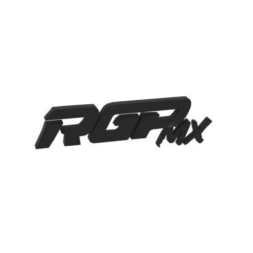 3D-модель логотипа RGBMX в элегантной черной отделке на белом фоне.