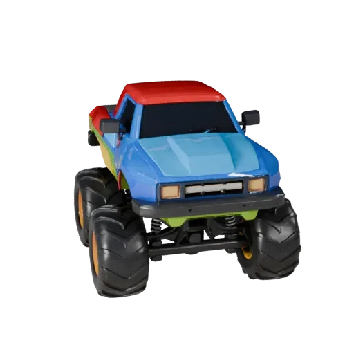 Мультяшная 3D-модель монстр-трака, вид в три четверти в студии, стилизованный элемент транспорта со специально разработанным