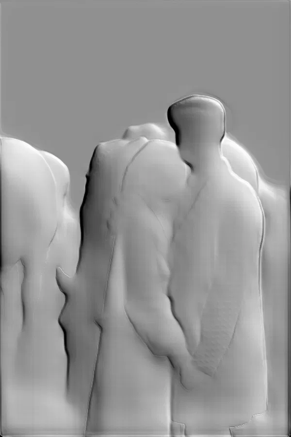 3D модель барельефа с изображением группы людей в пальто, вид спереди.