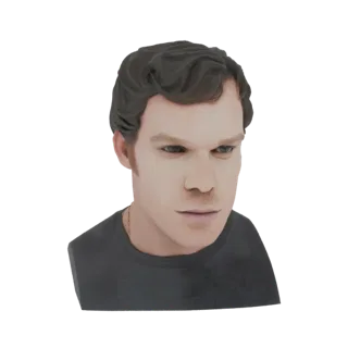 Рендер 3D модели бюста мужчины с пронзительными зелеными глазами и темными волнистыми волосами, в темной футболке.