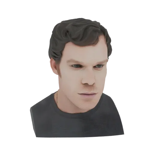 Рендер 3D модели бюста мужчины с пронзительными зелеными глазами и темными волнистыми волосами, в темной футболке.