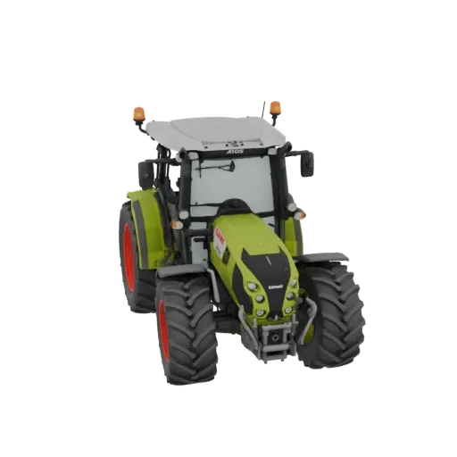 Вид спереди детализированной 3D модели трактора CLAAS AXOS 320, демонстрирующий его зеленый капот, серую кабину и большие сел