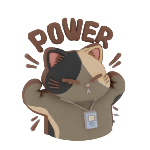 3D модель решительной кошки-калико, напрягающей руки со словом 'POWER' над ними, в цветовой схеме коричневого и кремового.
