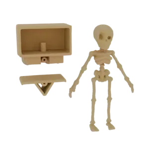 3D-модель миниатюрного скелета человека, стоящего рядом с бежевым медицинским шкафом и небольшим подносом, на белом фоне.