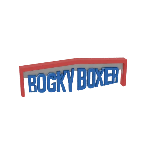 3D рендер красно-белой арки с текстом 'ROCKY BOXER' крупными синими 3D буквами.