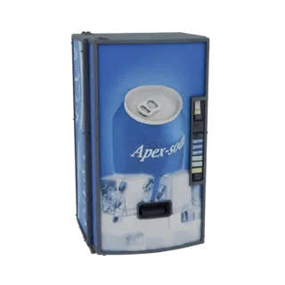 3D модель торгового автомата Apex Soda с синей передней панелью, кубиками льда и графикой большой банки газировки.