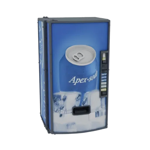 3D модель торгового автомата Apex Soda с синей передней панелью, кубиками льда и графикой большой банки газировки.