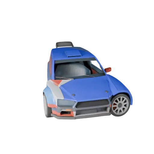 Мультяшная 3D-модель раллийного автомобиля, вид в три четверти в студии, стилизованный ресурс автомобиля с линиями кузова, ос
