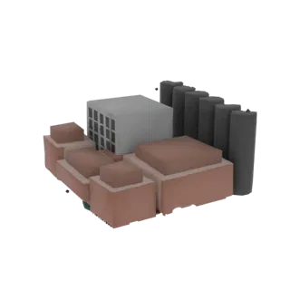 3D модель промышленного завода со зданием с сетчатыми окнами, кирпичными постройками и темно-серыми дымовыми трубами на черно