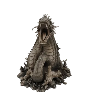 3D модель серого, каменного древнего морского змея с широко открытым ртом, детализированной чешуей, выныривающего из водных б