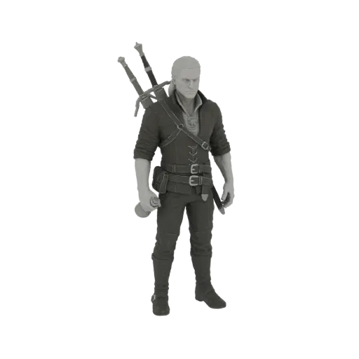 3D модель Геральта из Ривии, Белого Волка, стоящего с мечами за спиной и флаконом зелья в руке.