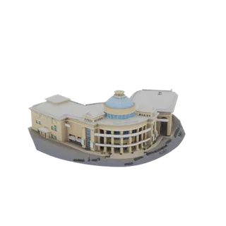 3D модель современного общественного здания с большим стеклянным куполом и классическими колоннами на белом фоне.