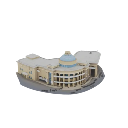 3D модель современного общественного здания с большим стеклянным куполом и классическими колоннами на белом фоне.