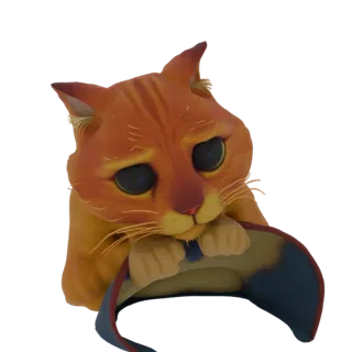 3D модель Кота в сапогах из Шрека, смотрящего вверх большими, грустными, умоляющими глазами и держащего шляпу.