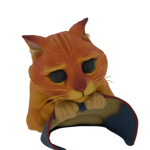 3D модель Кота в сапогах из Шрека, смотрящего вверх большими, грустными, умоляющими глазами и держащего шляпу.