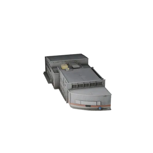 Реалистичная 3D модель здания дата-центра, вид с трех четвертей снаружи, демонстрирующий промышленные строительные материалы