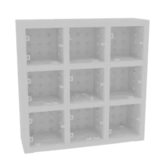 3D модель белой модульной системы хранения 3x3 с девятью открытыми отделениями, вид под небольшим углом.