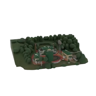 3D модель современного архитектурного комплекса с несколькими зданиями, водонапорной башней, окруженного стилизованными зелен