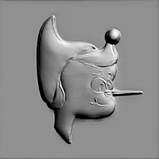 3D модель барельефа Пиноккио с длинным носом, выполненная в сером цвете, с четкими контурами и объемными деталями.