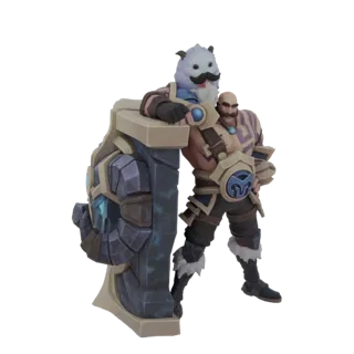 3D модель Браума и Поро из League of Legends, Браум опирается на щит, Поро на его руке.