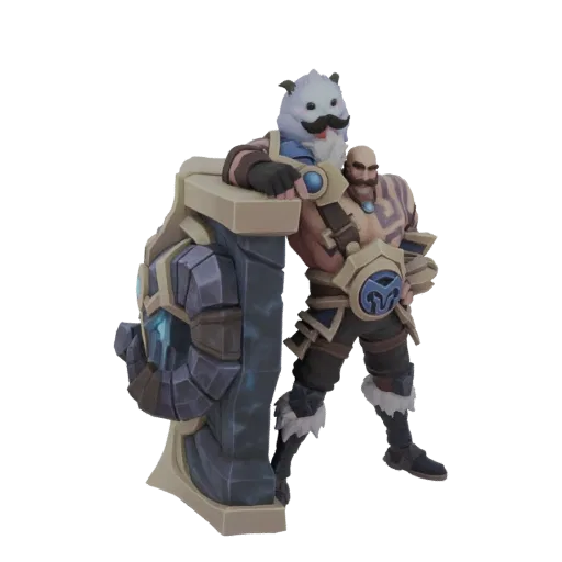 3D модель Браума и Поро из League of Legends, Браум опирается на щит, Поро на его руке.