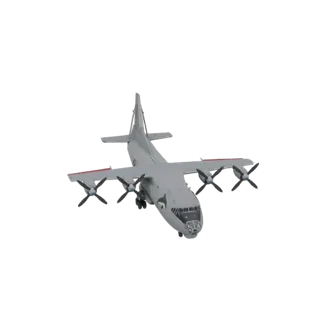 3D модель серого турбовинтового транспортного самолета Антонов Ан-12 с четырьмя двигателями, вид спереди слева.