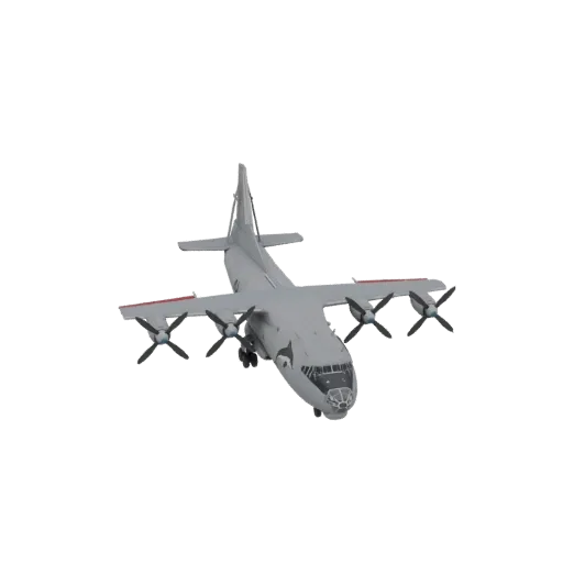 3D модель серого турбовинтового транспортного самолета Антонов Ан-12 с четырьмя двигателями, вид спереди слева.