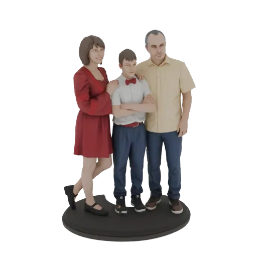 3D модель семьи из трех человек, включая мать в красном платье, отца в желтой рубашке и их сына в белой рубашке с красным гал