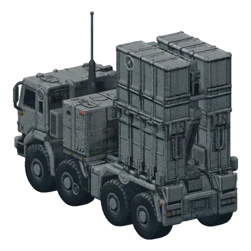 3D модель серого военного грузовика с ракетной установкой и большим контейнером сзади, вид спереди-сбоку на текстурированной