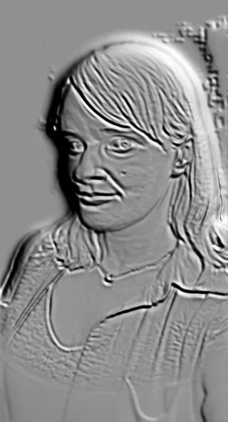 3D модель барельефа женского лица с развевающимися волосами, выполненная в сером цвете.