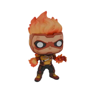 3D model of a fiery superhero in Funko Pop style, with flames on head and hands, wearing a yellow and red costume.